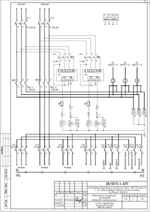 Схема электрическая принципиальная шкафа вводно-распределительного с АВР ШВРавр-600-2 